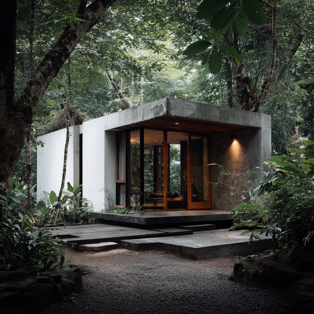 Micro-casa immersa nel verde con interni illuminati